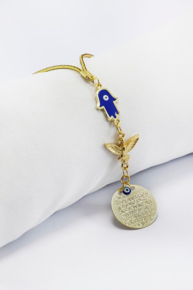 Lacivert Hamse Anka Kuşu Metal Ayetel Kürsi Araba Dikiz Ayna Süsü, Gold Renkli