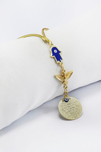 Lacivert Hamse Anka Kuşu Metal Ayetel Kürsi Araba Dikiz Ayna Süsü, Gold Renkli