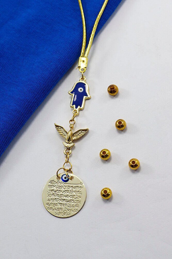 Lacivert Hamse Anka Kuşu Metal Ayetel Kürsi Araba Dikiz Ayna Süsü, Gold Renkli