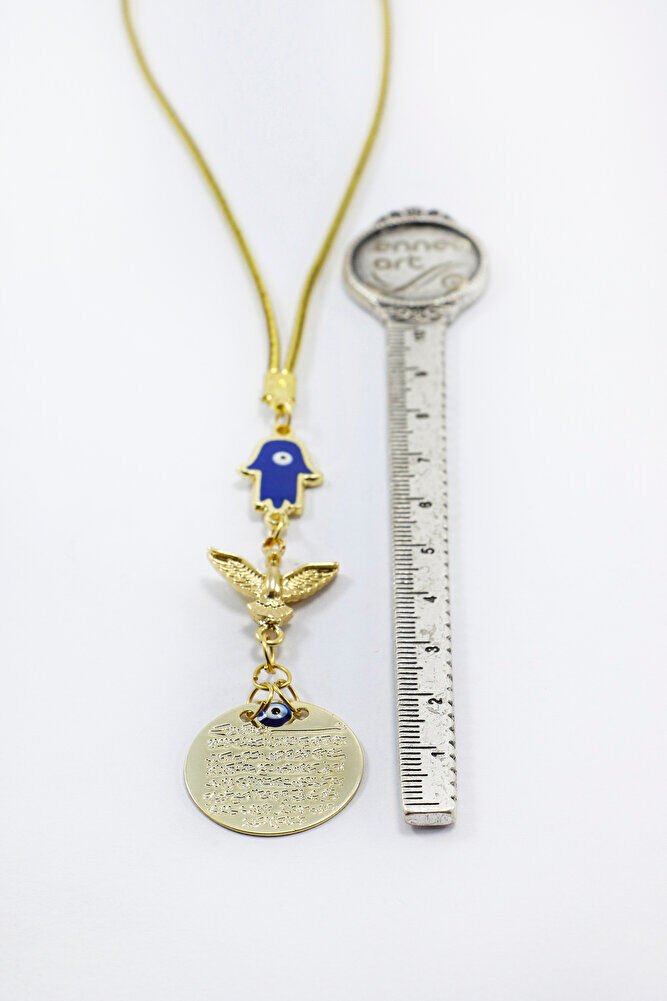 Lacivert Hamse Anka Kuşu Metal Ayetel Kürsi Araba Dikiz Ayna Süsü, Gold Renkli