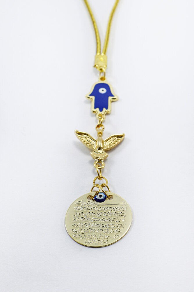 Lacivert Hamse Anka Kuşu Metal Ayetel Kürsi Araba Dikiz Ayna Süsü, Gold Renkli