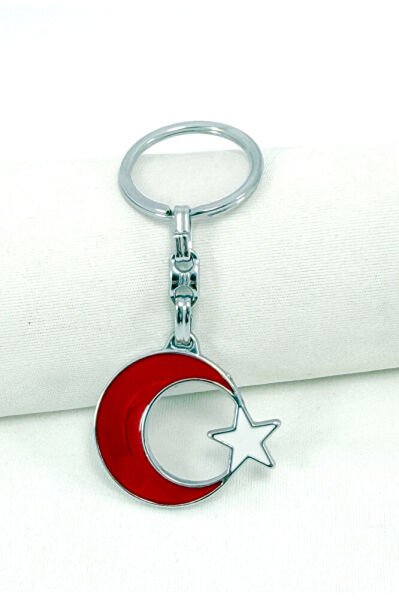 Metal Red White Crescent Star Keychain, Gift Keychain