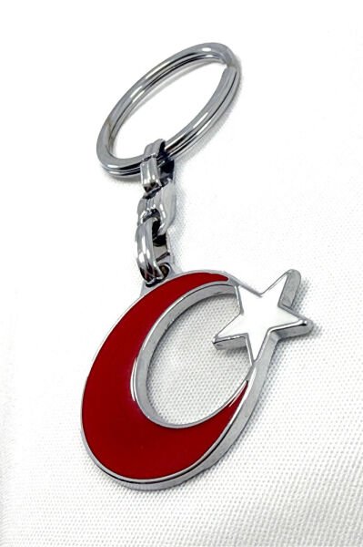Metal Red White Crescent Star Keychain, Gift Keychain