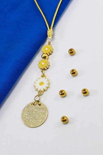 Sarı, Beyaz Papatya Aksesuarlı Metal Ayetel Kürsi Araba Dikiz Ayna Süsü, Gold Renkli