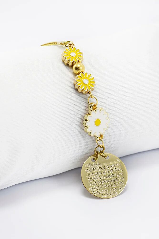 Metal Ayetel Kursi Car Rearview Mirror Ornament with Yellow and White Daisy Accessories, Gold Color