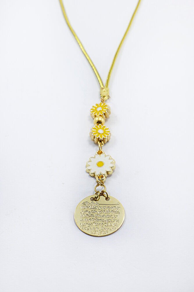 Metal Ayetel Kursi Car Rearview Mirror Ornament with Yellow and White Daisy Accessories, Gold Color