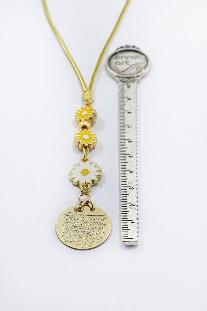 Metal Ayetel Kursi Car Rearview Mirror Ornament with Yellow and White Daisy Accessories, Gold Color