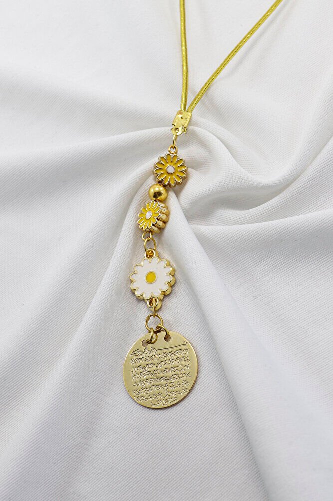 Metal Ayetel Kursi Car Rearview Mirror Ornament with Yellow and White Daisy Accessories, Gold Color