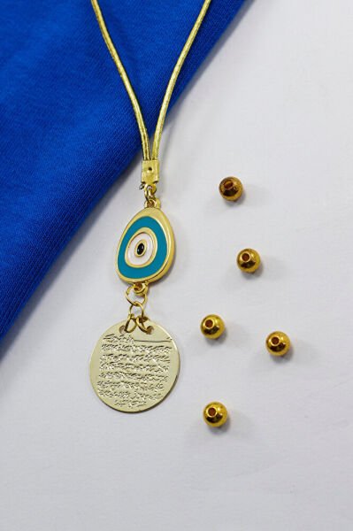 Turkuaz Nazar Boncuklu Metal Ayetel Kürsi Araba Dikiz Ayna Süsü, Gold Renkli