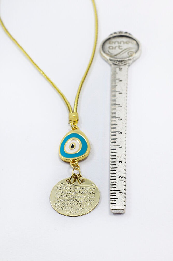 Turkuaz Nazar Boncuklu Metal Ayetel Kürsi Araba Dikiz Ayna Süsü, Gold Renkli