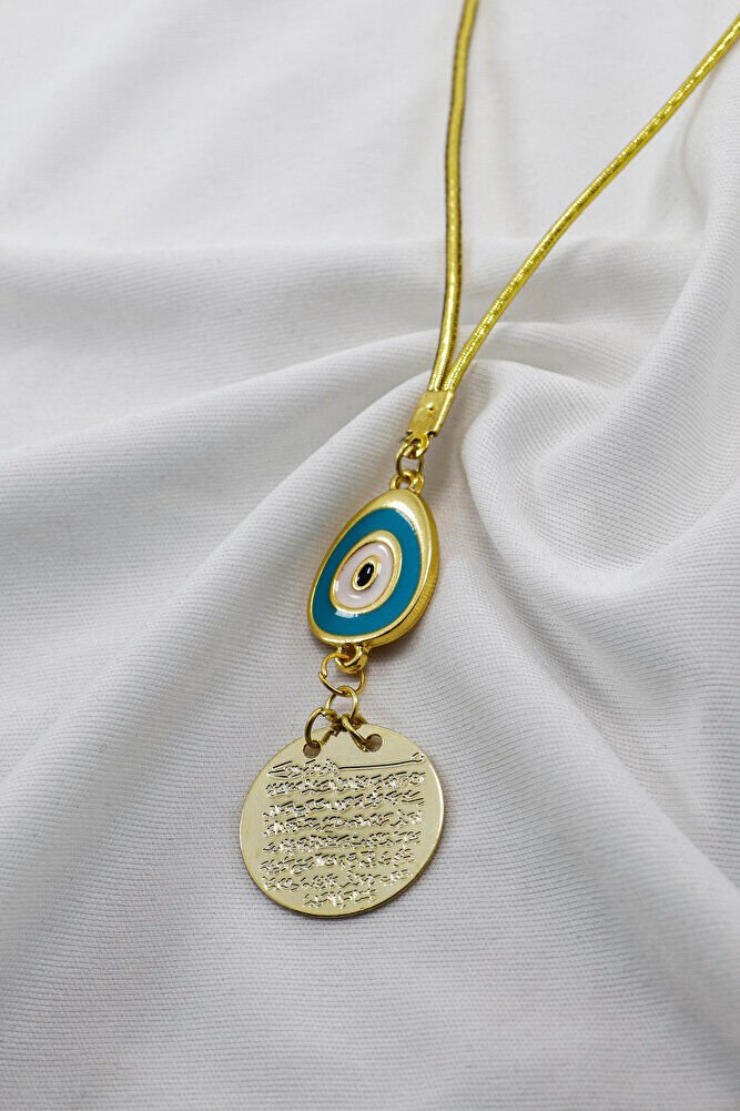 Turkuaz Nazar Boncuklu Metal Ayetel Kürsi Araba Dikiz Ayna Süsü, Gold Renkli