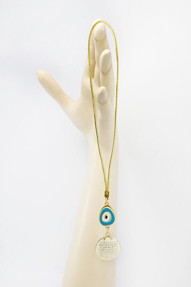 Turkuaz Nazar Boncuklu Metal Ayetel Kürsi Araba Dikiz Ayna Süsü, Gold Renkli