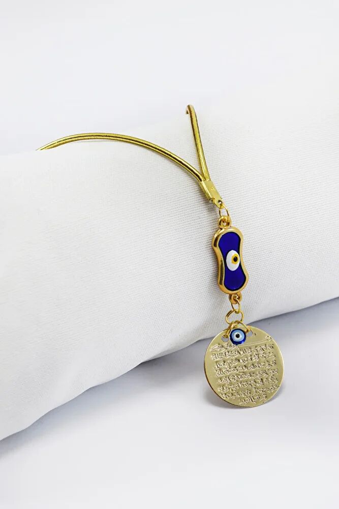 Lacivert Elips Nazar Boncuklu Metal Ayetel Kürsi Araba Dikiz Ayna Süsü, Gold Renkli