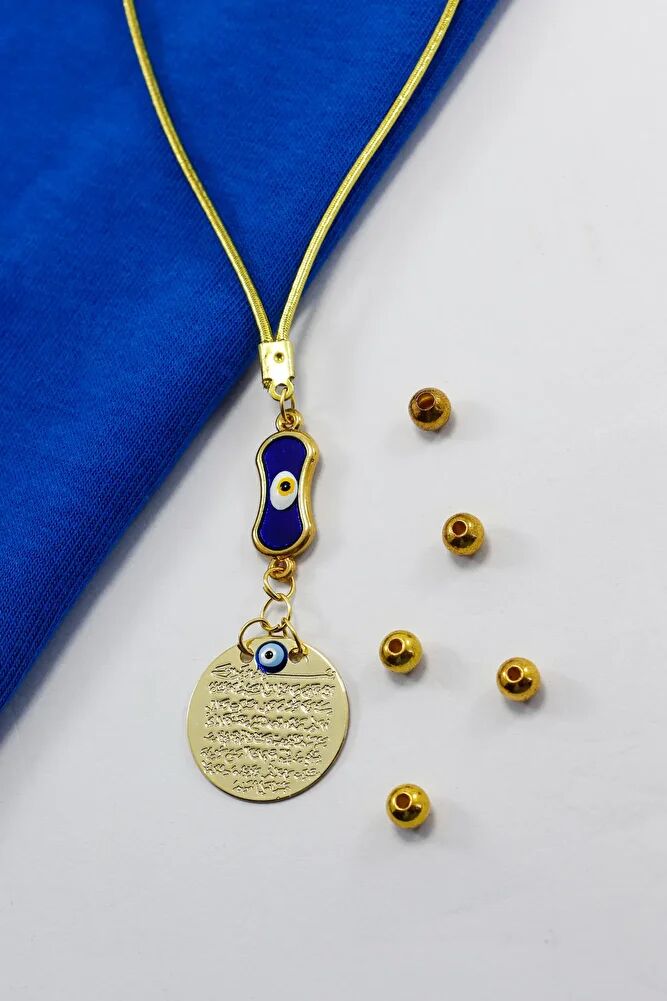 Lacivert Elips Nazar Boncuklu Metal Ayetel Kürsi Araba Dikiz Ayna Süsü, Gold Renkli