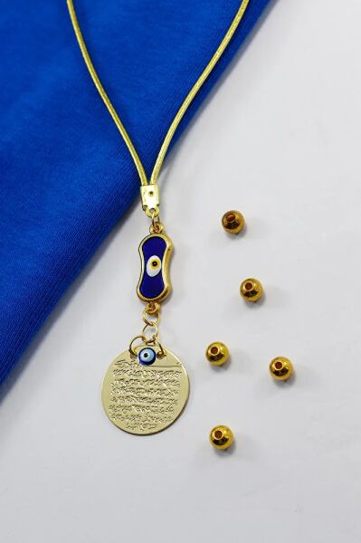 Lacivert Elips Nazar Boncuklu Metal Ayetel Kürsi Araba Dikiz Ayna Süsü, Gold Renkli