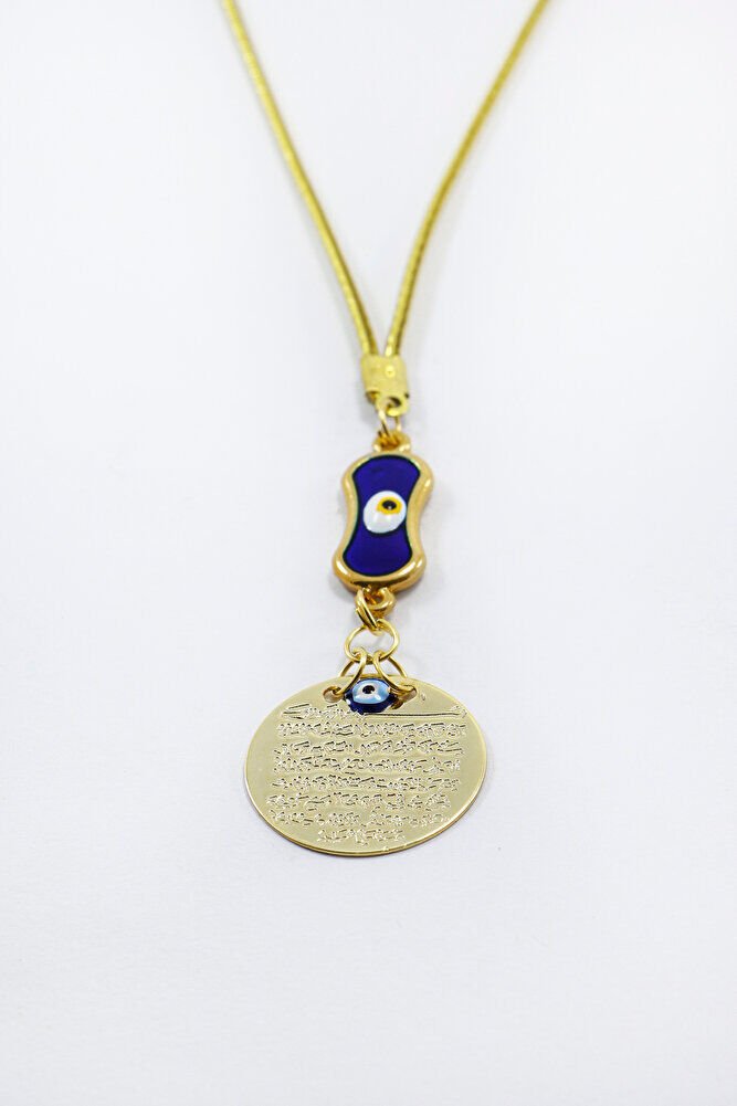 Lacivert Elips Nazar Boncuklu Metal Ayetel Kürsi Araba Dikiz Ayna Süsü, Gold Renkli