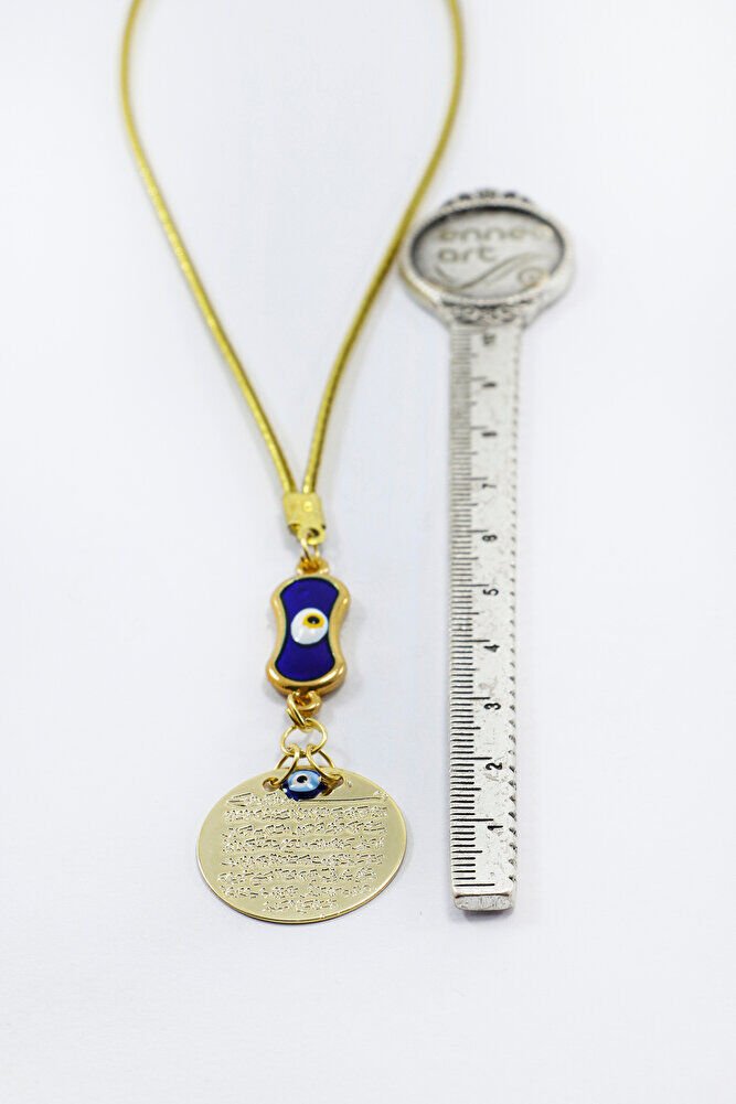 Lacivert Elips Nazar Boncuklu Metal Ayetel Kürsi Araba Dikiz Ayna Süsü, Gold Renkli