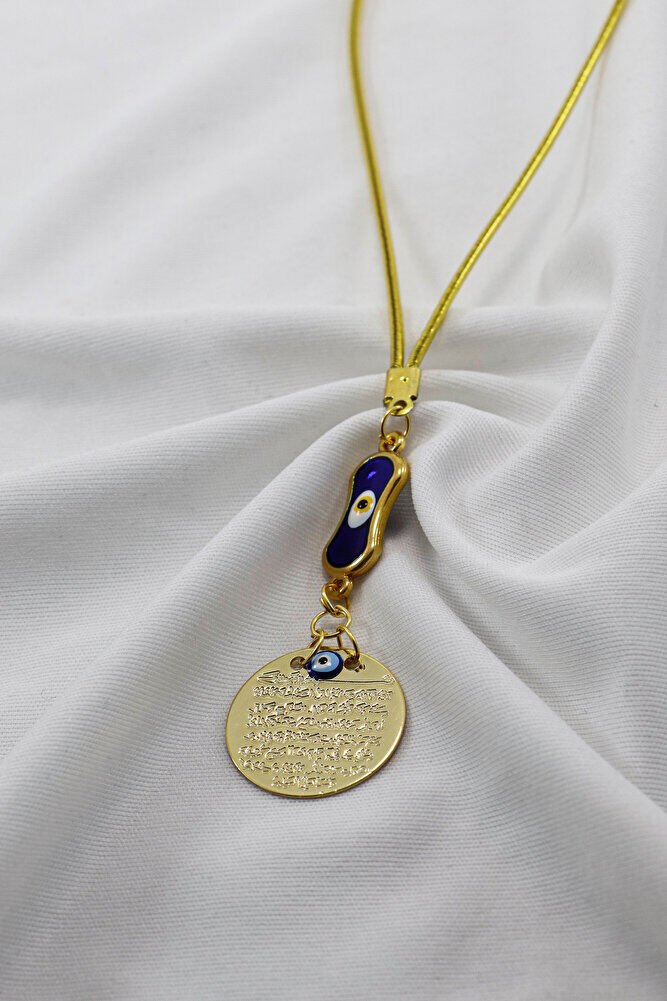 Lacivert Elips Nazar Boncuklu Metal Ayetel Kürsi Araba Dikiz Ayna Süsü, Gold Renkli