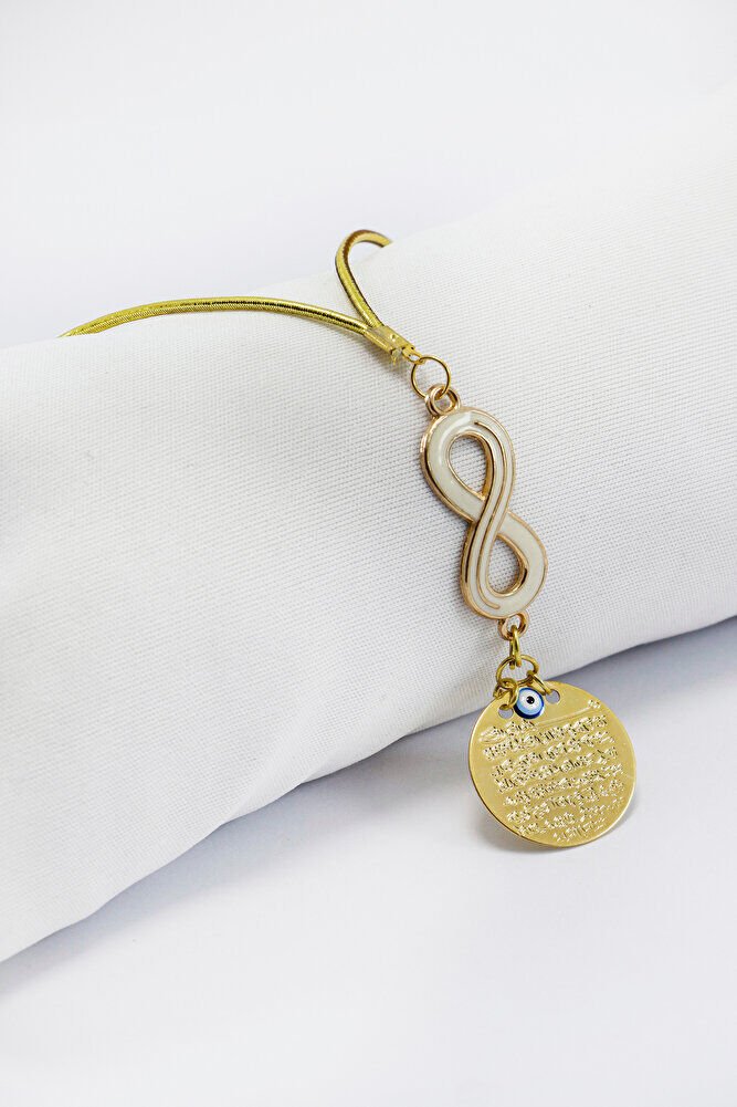 Beyaz Altın Kaplama Sonsuzluk Aksesuarlı Metal Ayetel Kürsi Araba Dikiz Ayna Süsü, Gold Renkli