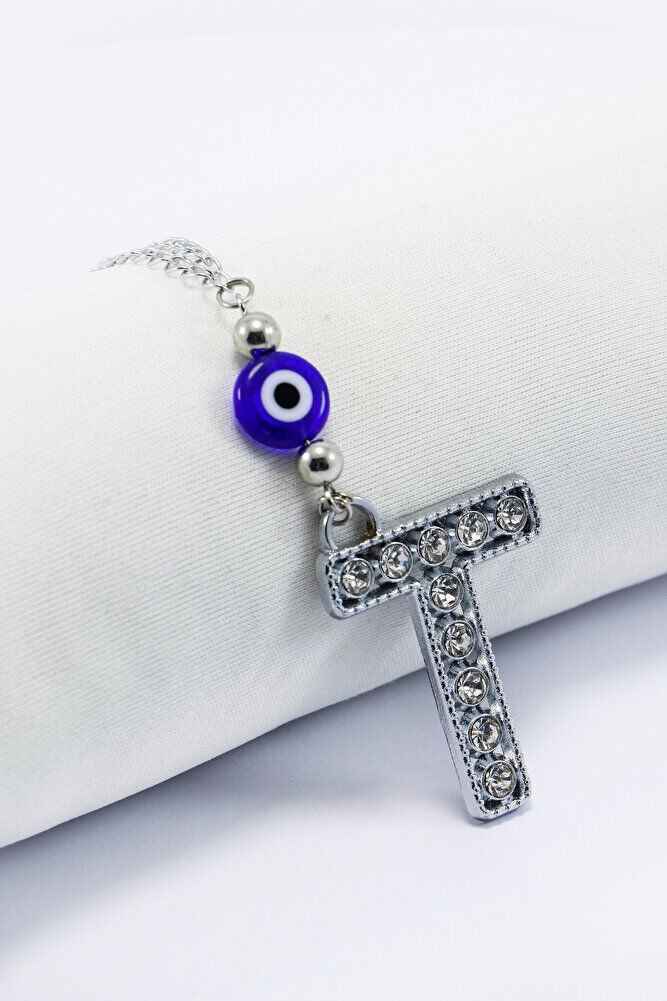 Kristal Taşlı T Harfi Metalik Renk Araba Dikiz Ayna Süsü, Hediyelik Nazar Boncuklu Araba Süsü