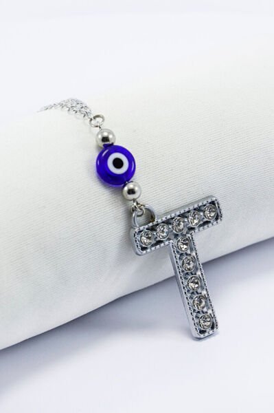 Kristal Taşlı T Harfi Metalik Renk Araba Dikiz Ayna Süsü, Hediyelik Nazar Boncuklu Araba Süsü