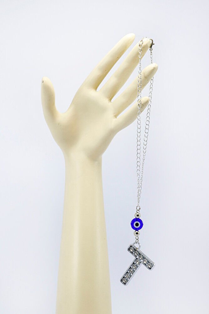 Kristal Taşlı T Harfi Metalik Renk Araba Dikiz Ayna Süsü, Hediyelik Nazar Boncuklu Araba Süsü