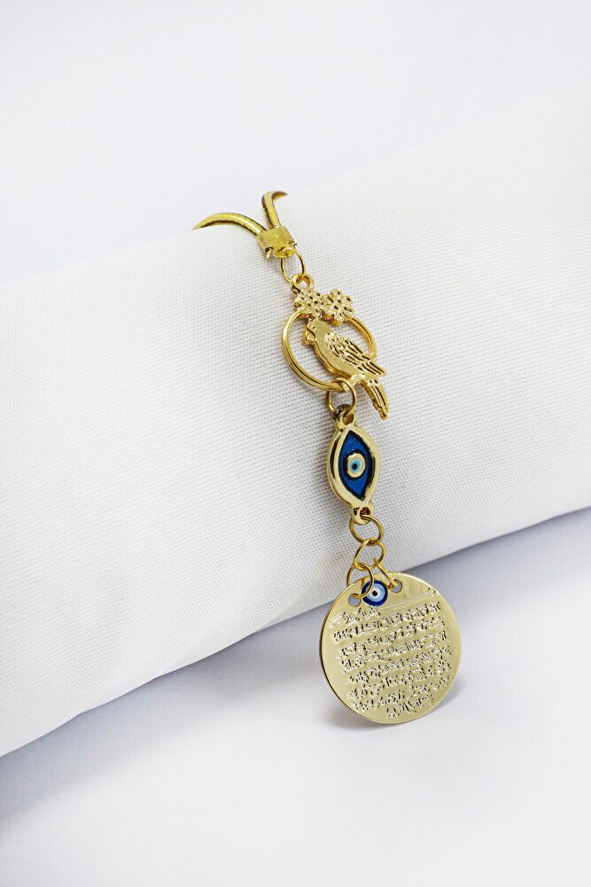 Sevimli Kuş Figürlü Elips Nazar Metal Ayetel Kürsi Araba Dikiz Ayna Süsü, Gold Renkli