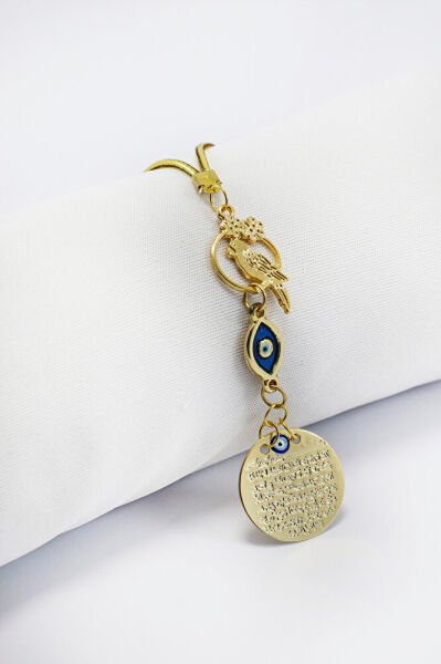 Sevimli Kuş Figürlü Elips Nazar Metal Ayetel Kürsi Araba Dikiz Ayna Süsü, Gold Renkli