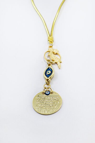 Sevimli Kuş Figürlü Elips Nazar Metal Ayetel Kürsi Araba Dikiz Ayna Süsü, Gold Renkli