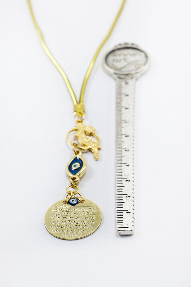 Sevimli Kuş Figürlü Elips Nazar Metal Ayetel Kürsi Araba Dikiz Ayna Süsü, Gold Renkli