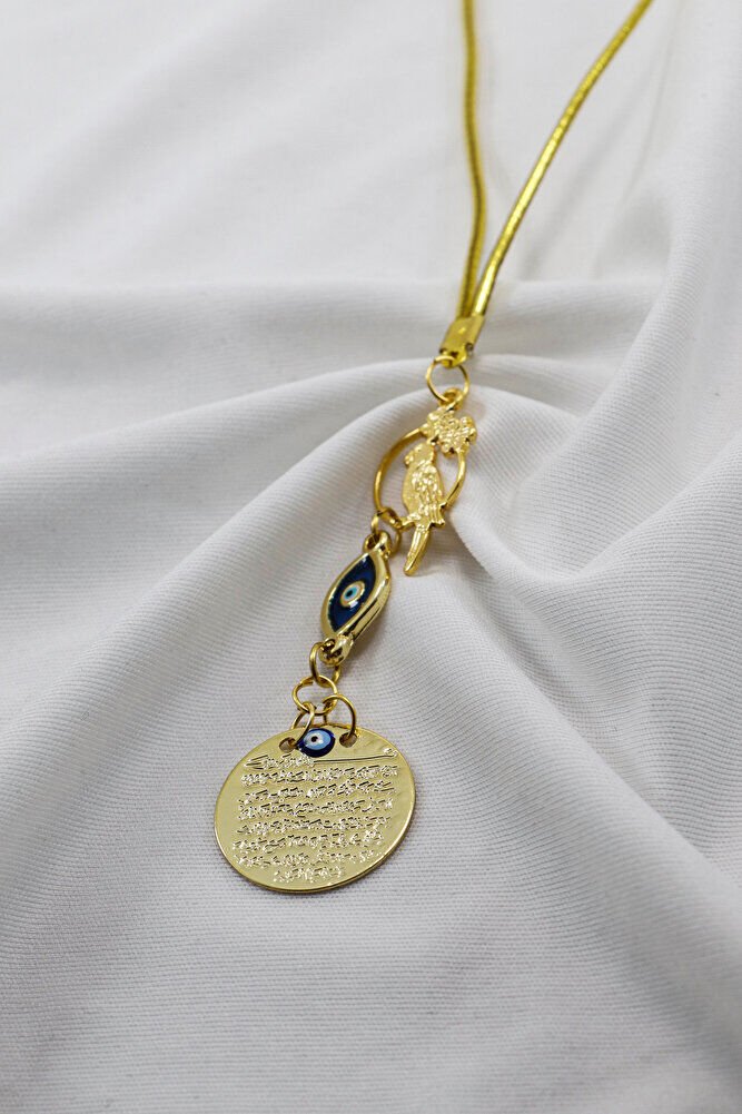 Sevimli Kuş Figürlü Elips Nazar Metal Ayetel Kürsi Araba Dikiz Ayna Süsü, Gold Renkli