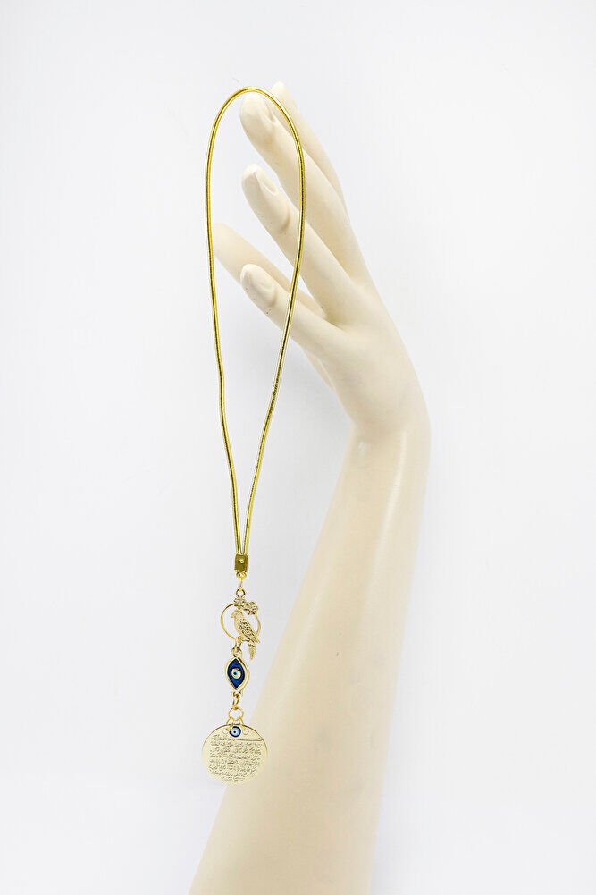 Sevimli Kuş Figürlü Elips Nazar Metal Ayetel Kürsi Araba Dikiz Ayna Süsü, Gold Renkli