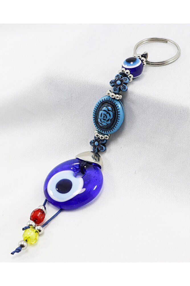 Handmade Glass Evil Eye Beaded Keychain with Patterned Beads, Colorful Pendant Keychain