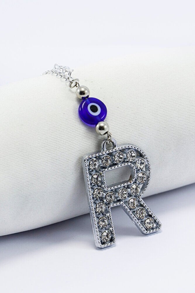 Kristal Taşlı R Harfi Metalik Renk Araba Dikiz Ayna Süsü, Hediyelik Nazar Boncuklu Araba Süsü