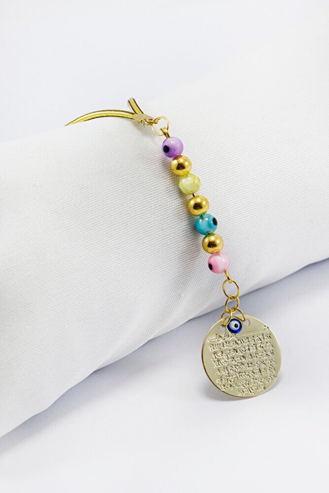 Renkli Cam Nazar Boncuklu Metal Ayetel Kürsi Araba Dikiz Ayna Süsü, Gold Renkli