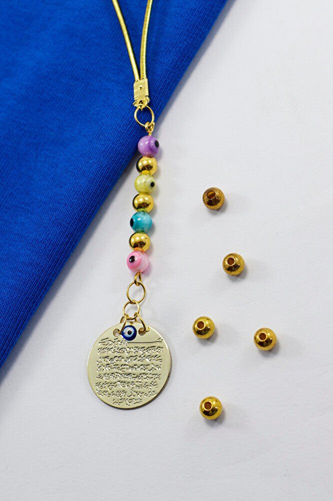 Renkli Cam Nazar Boncuklu Metal Ayetel Kürsi Araba Dikiz Ayna Süsü, Gold Renkli