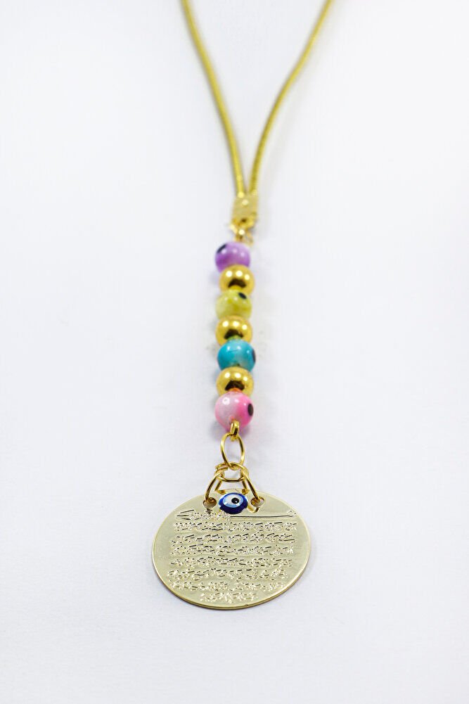 Renkli Cam Nazar Boncuklu Metal Ayetel Kürsi Araba Dikiz Ayna Süsü, Gold Renkli