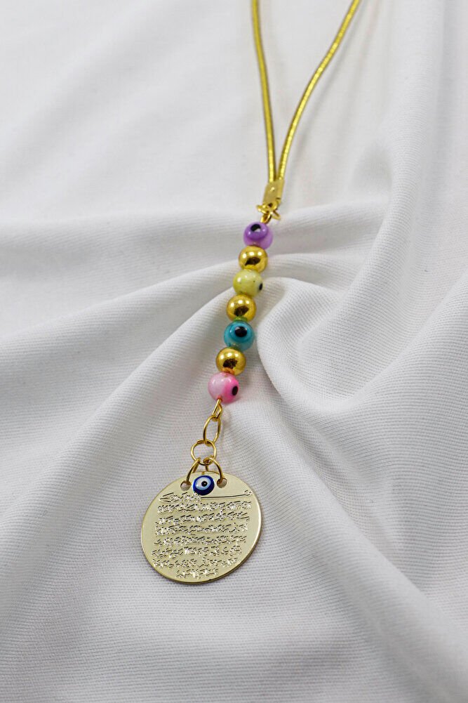 Renkli Cam Nazar Boncuklu Metal Ayetel Kürsi Araba Dikiz Ayna Süsü, Gold Renkli