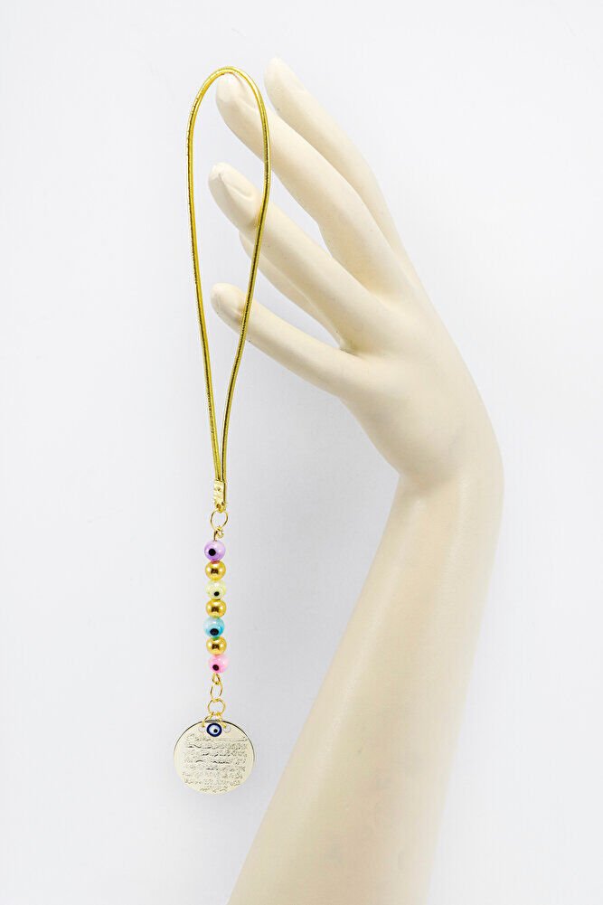 Renkli Cam Nazar Boncuklu Metal Ayetel Kürsi Araba Dikiz Ayna Süsü, Gold Renkli