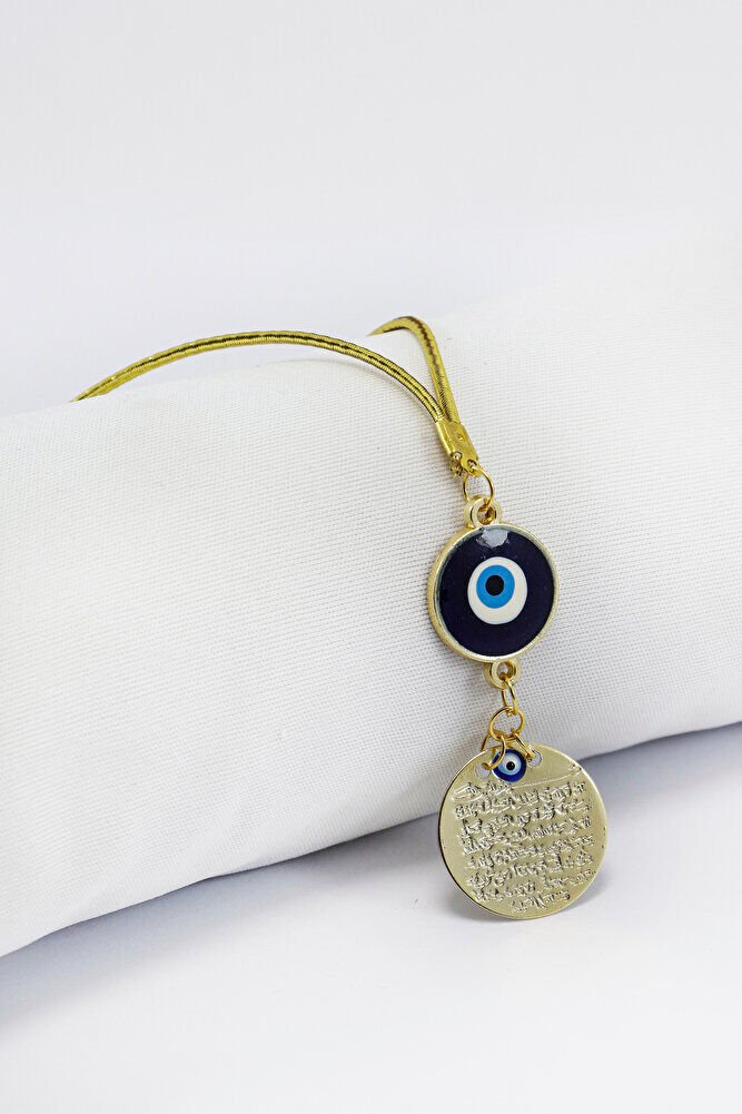 Dark Blue Evil Eye Beaded Metal Ayetel Kursi Car Rearview Mirror Ornament, Gold Color