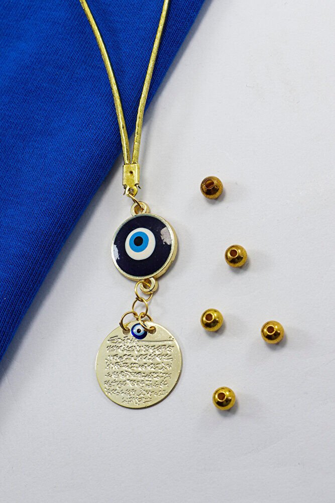Dark Blue Evil Eye Beaded Metal Ayetel Kursi Car Rearview Mirror Ornament, Gold Color