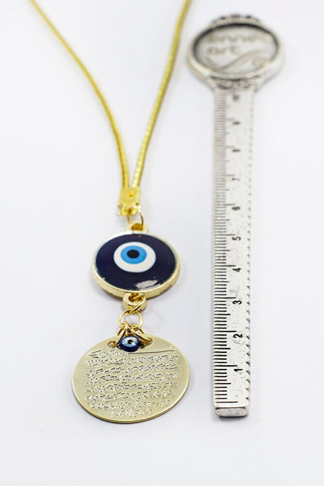 Dark Blue Evil Eye Beaded Metal Ayetel Kursi Car Rearview Mirror Ornament, Gold Color