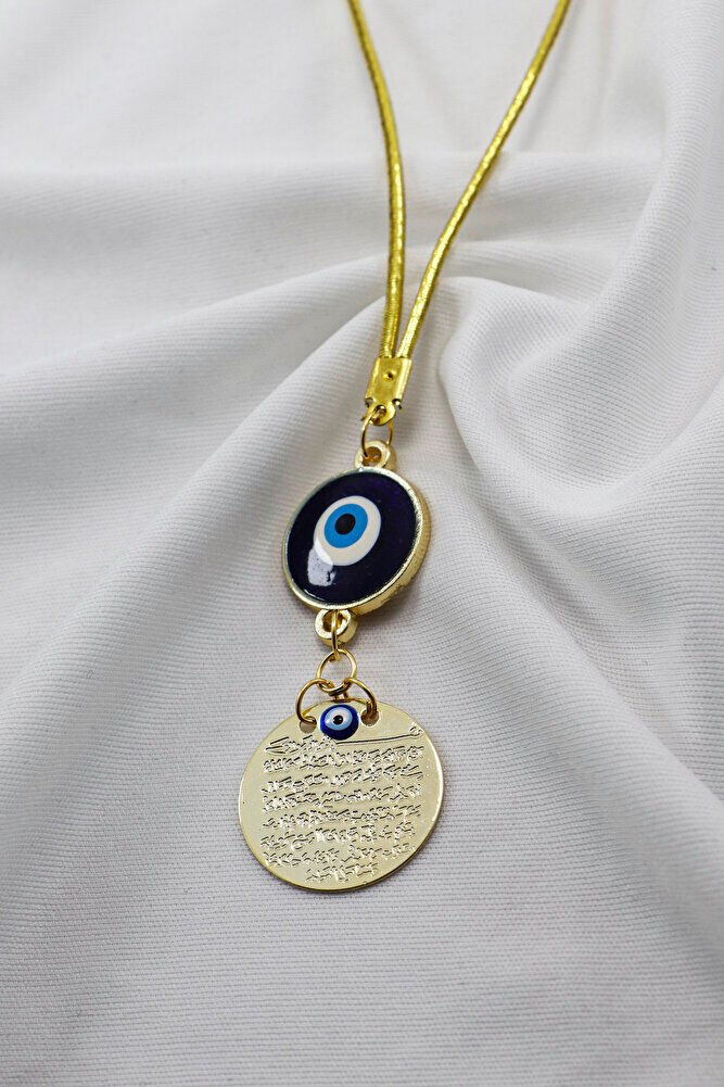 Dark Blue Evil Eye Beaded Metal Ayetel Kursi Car Rearview Mirror Ornament, Gold Color