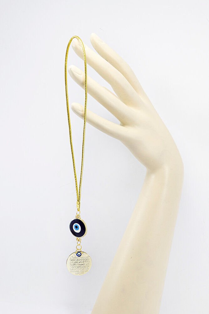 Dark Blue Evil Eye Beaded Metal Ayetel Kursi Car Rearview Mirror Ornament, Gold Color