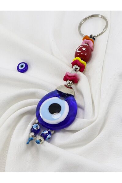 Colorful Tiny Ringed Moon Star Handmade Glass Evil Eye Beaded Keychain, Gift Keychain