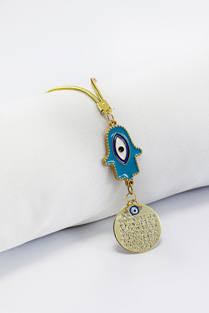 Turquoise Evil Eye Hamse Metal Ayetel Kürsi Car Rearview Mirror Ornament, Gold Color
