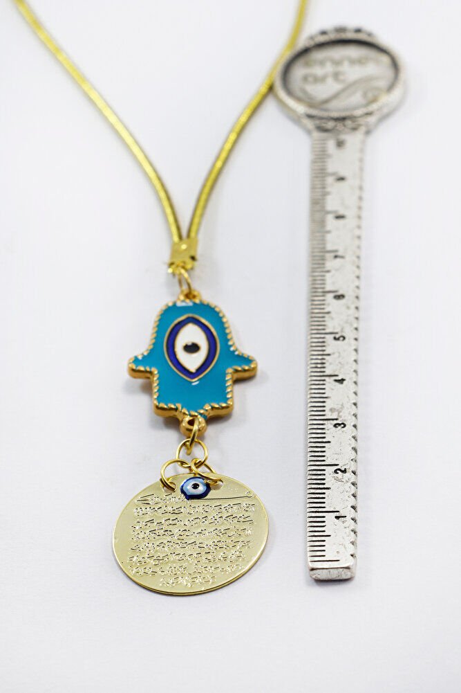 Turquoise Evil Eye Hamse Metal Ayetel Kürsi Car Rearview Mirror Ornament, Gold Color