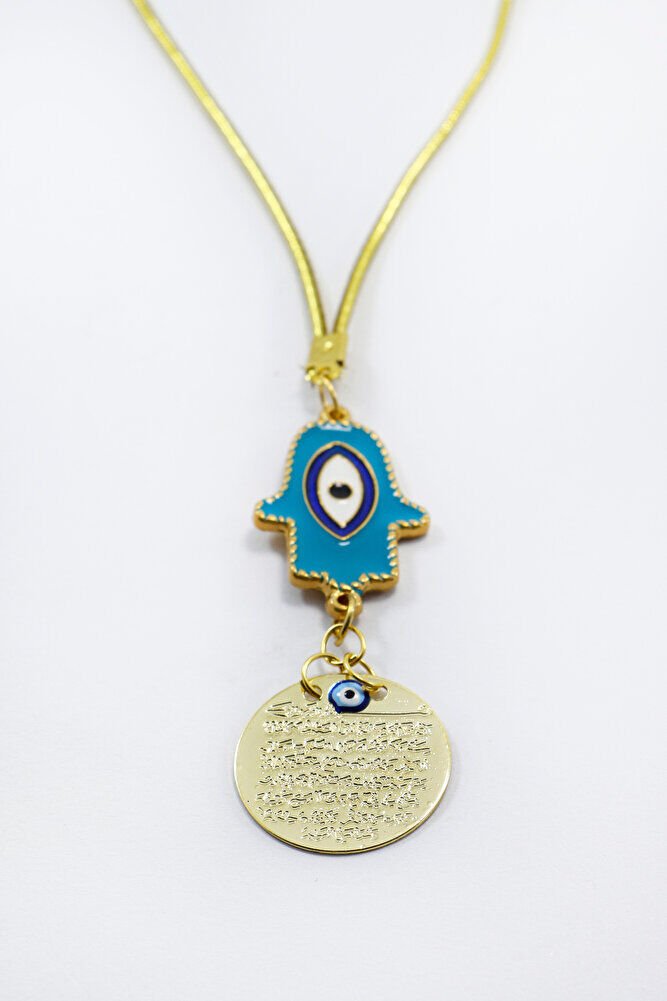 Turquoise Evil Eye Hamse Metal Ayetel Kürsi Car Rearview Mirror Ornament, Gold Color
