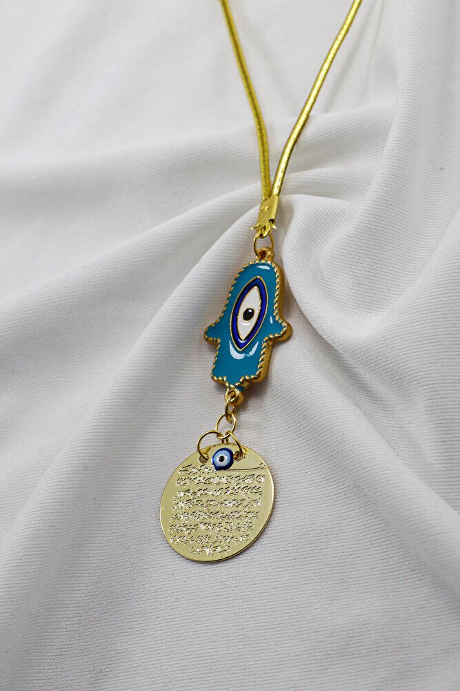 Turquoise Evil Eye Hamse Metal Ayetel Kürsi Car Rearview Mirror Ornament, Gold Color