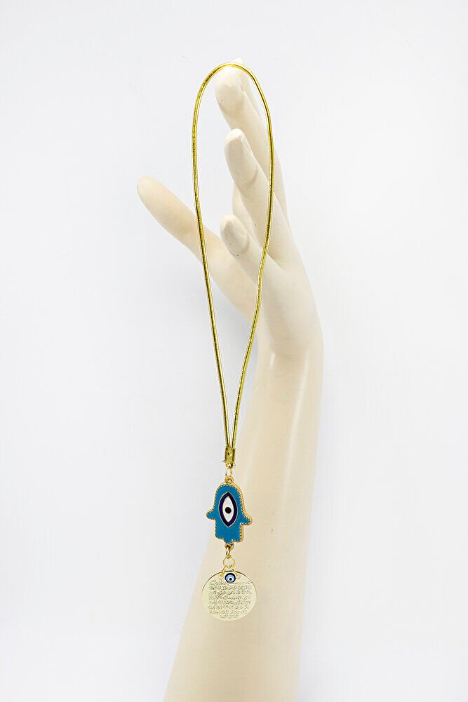 Turquoise Evil Eye Hamse Metal Ayetel Kürsi Car Rearview Mirror Ornament, Gold Color